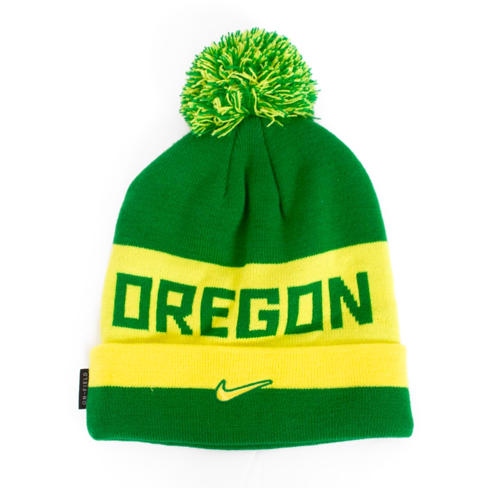 Classic Oregon O, Nike, Green, Beanie, Acrylic, Accessories, Unisex, Football, Peak, Cuffed, Pom, Sideline, Hat, 915775